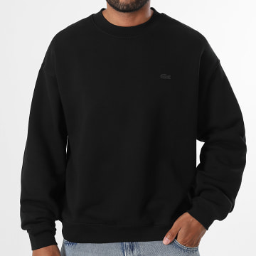 Lacoste - Sweat Crewneck Loose Fit Logo Brodé Crocodile Ton Sur Ton Noir