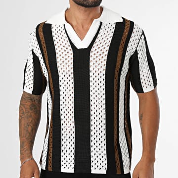 Frilivin - Polo Shirts Short Sleeve V-Neck Crochet 857 White Black Brown