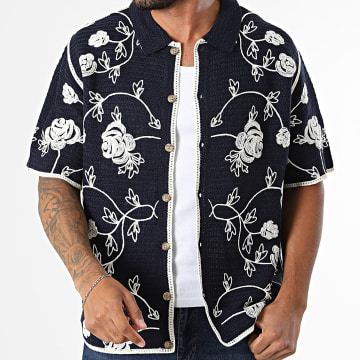 Frilivin - Camicia Maniche Corte Crochet 210 Blu Navy Beige Floreale