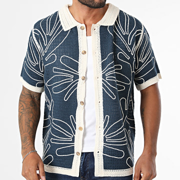 Frilivin - Short-Sleeved Crochet Shirt 258 Navy Blue Beige