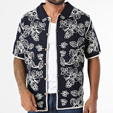 Frilivin - Short Sleeve Crochet Shirt 209 Navy Blue Beige Floral