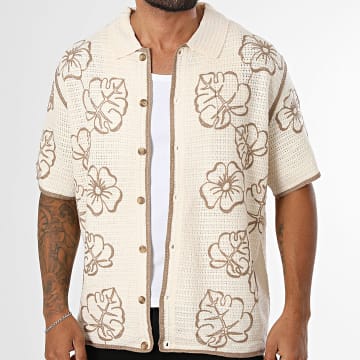 Frilivin - Short Sleeve Crochet Shirt 211 Beige Brown Floral
