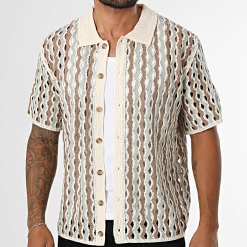 Frilivin - Short-Sleeved Crochet Shirt 267 Beige Brown Light Green