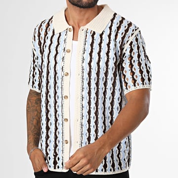 Frilivin - Short Sleeve Crochet Shirt 267 Light Blue Brown Beige