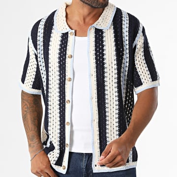Frilivin - Camisa de manga corta de crochet 274 Azul marino Azul claro Beige