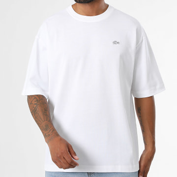 Lacoste - Tee Shirt Loose Fit Logo Brodé Crocodile Ton Sur Ton Blanc