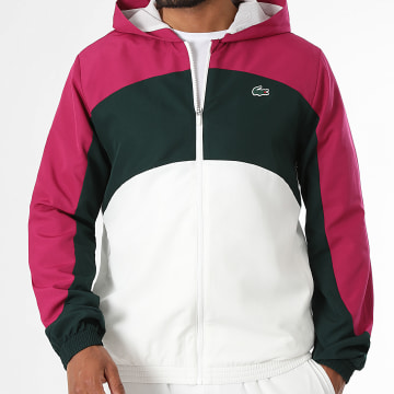 Lacoste - Chaqueta con Capucha con Cremallera Regular Fit Logo Cocodrilo Blanco Verde Rosa