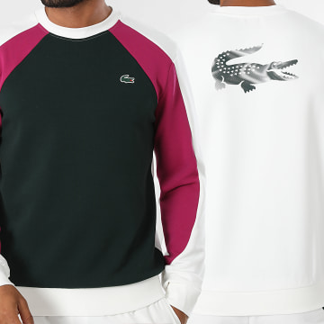 Lacoste - Felpa Girocollo Regular Fit Logo Coccodrillo Verde Scuro Bianco Rosa