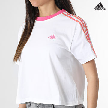 https://laboutiqueofficielle-res.cloudinary.com/image/upload/v1627638668/Desc/Watermark/adidas_performance.svg Adidas Sportswear - Tee Shirt Crop Femme A Bandes 3 Stripes IC9882 Blanc