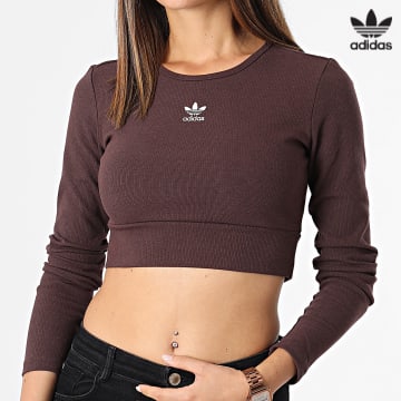https://laboutiqueofficielle-res.cloudinary.com/image/upload/v1627646526/Desc/Watermark/3adidas_orginal.svg Adidas Originals - Tee Shirt Manches Longues Crop Femme Rib IJ5385 Marron