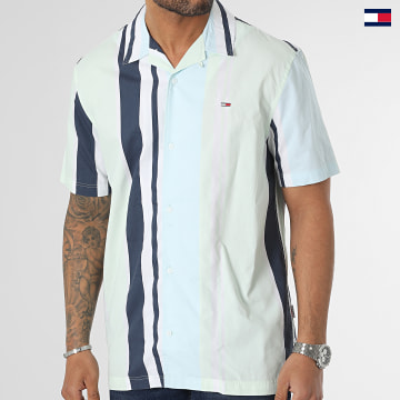 https://laboutiqueofficielle-res.cloudinary.com/image/upload/v1627647047/Desc/Watermark/5logo_tommyhilfiger_watermark.svg Tommy Jeans - Chemise Manches Courtes Rlx Stripe Camp 6602 Blanc Vert Clair Bleu Clair Bleu Marine