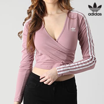 Adidas Originals - Tee Shirt Manches Longues Crop Femme A Bandes HE4957 Mauve Clair