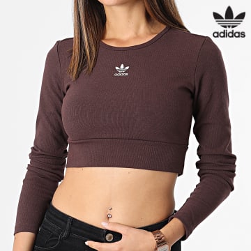 Adidas Originals - Tee Shirt Manches Longues Crop Femme Rib IJ5385 Marron