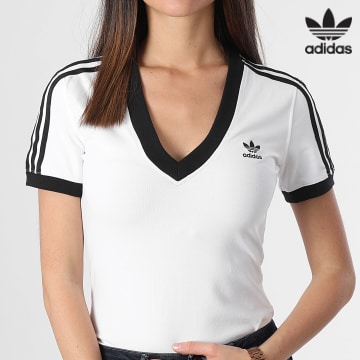 Adidas Originals - Tee Shirt Col V A Bandes Femme 3 Stripes IR8114 Blanc