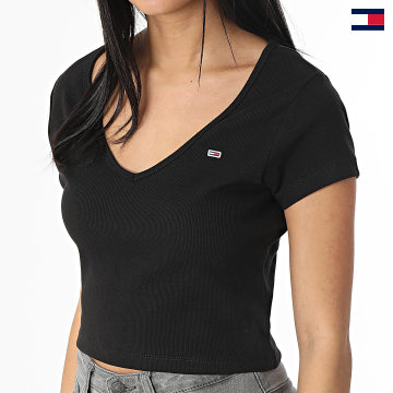 Tommy Jeans - Camiseta de mujer Essential Rib con cuello en V 4877 Negro