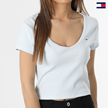 Tommy Jeans - Tee Shirt Col V Femme Essential Rib 4877 Bleu Ciel