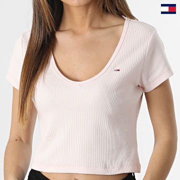 Tommy Jeans - Tee Shirt Col V Femme Essential Rib 4877 Rose