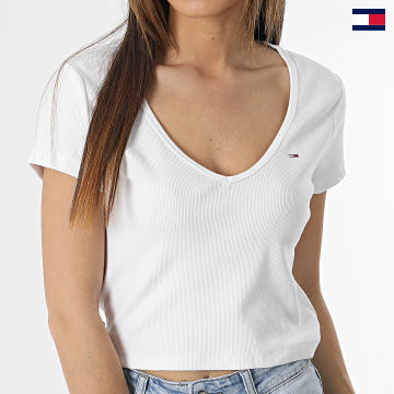 Tommy Jeans - Camiseta de mujer Essential Rib con cuello en V 4877 Blanco