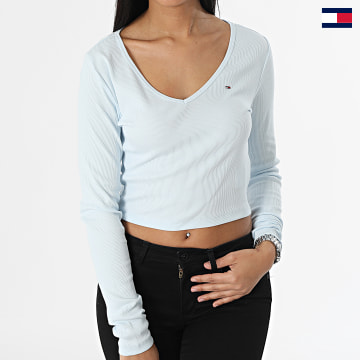 Tommy Jeans - Camiseta de manga larga con cuello en V para mujer Essential Rib 4278 Sky Blue