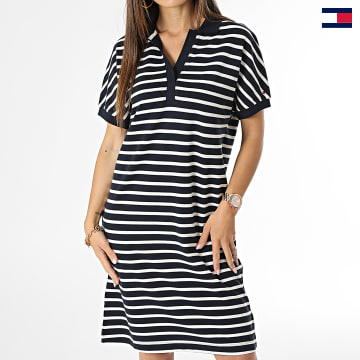 Tommy Hilfiger - Robe Polo Manches Courtes Femme Relaxed Lyocell 8639 Bleu Marine Beige Clair