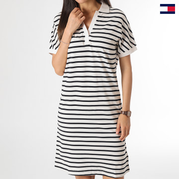 Tommy Hilfiger - Robe Polo Manches Courtes Femme Relaxed Lyocell 8639 Beige Clair Bleu Marine