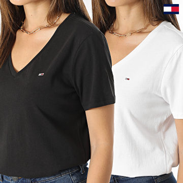 Tommy Jeans - Lot De 2 Tee Shirts Femme Col V Slim Soft 1458 Noir Blanc