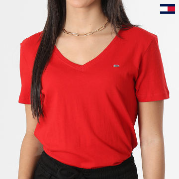 Tommy Jeans - Tee Shirt Col V Femme Slim Soft 4617 Rouge