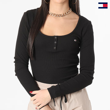 Tommy Jeans - Tee Shirt Manches Longues Femme Slim Button 7390 Noir