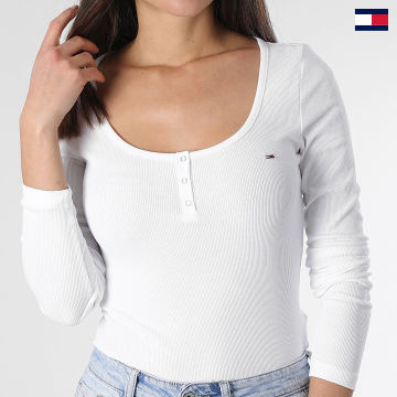 Tommy Jeans - Tee Shirt Manches Longues Femme Slim Button 7390 Blanc