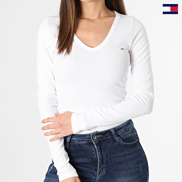 Tommy Jeans - Maglietta donna Essential 7990 bianca con scollo a V a maniche lunghe