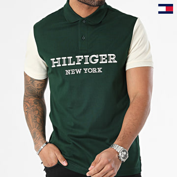 Tommy Hilfiger - Polo Manches Courtes Regular Fit Monotype Colourblock 4751 Vert Foncé Beige