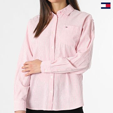 Tommy Jeans - Chemise Manches Longues A Rayures Femme Boxy Stripe Linen 7737 Blanc Rose