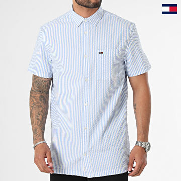Tommy Jeans - Chemise Manches Courtes A Rayures Seersucker 8970 Blanc Bleu