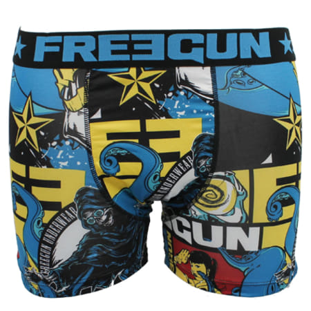 Boxer Homme FREEGUN Imprimé - Couleurs Noir/Bleu/Jaune - Taille élastique - 92% Polyester, 8% élasthanne