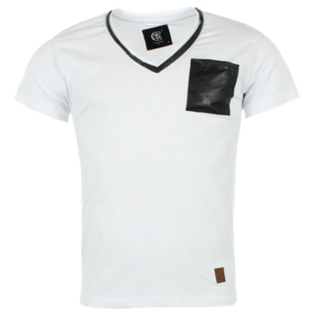 Cabaneli - Tee Shirt Cabaneli Col V Blanc Pocket Cuir