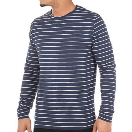 Only And Sons - Tee Shirt Manches Longues Oversize Panno Fitted Bleu Marine Blanc