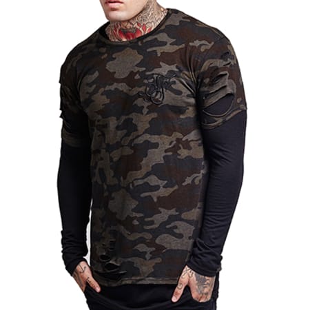 SikSilk - Tee Shirt Manches Longues Oversize Double Layered Ripped 11280 Camouflage Noir Vert Kaki