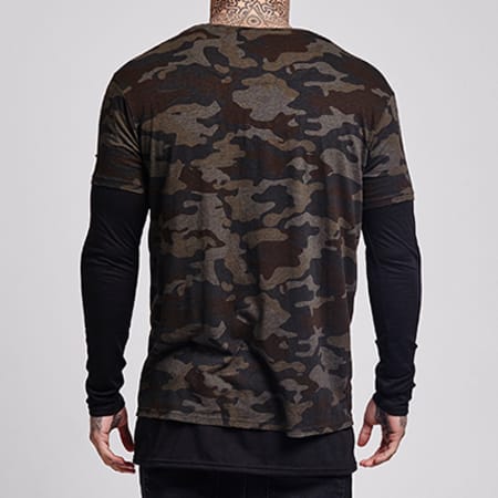 SikSilk - Tee Shirt Manches Longues Oversize Double Layered Ripped 11280 Camouflage Noir Vert Kaki
