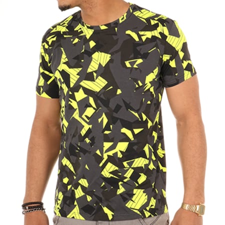 Cabaneli - Tee Shirt Aigle Camouflage Gris Anthracite Jaune Fluo