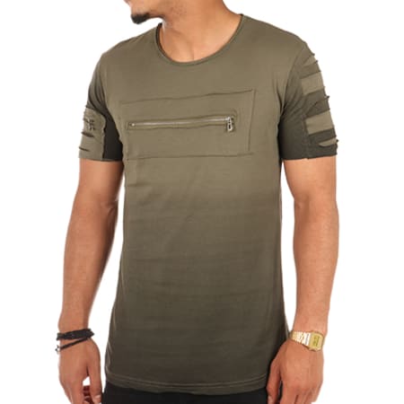 Ikao - Tee Shirt Oversize Avec Zip F062 Vert Kaki Dégradé