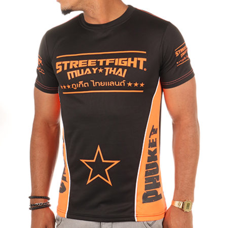 Street Fight - Tee Shirt Muay Thai Noir Orange Fluo