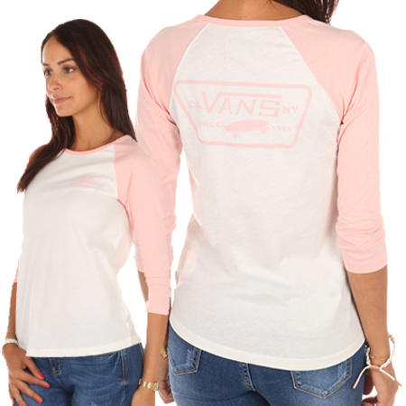 Vans - Tee Shirt Manches Longues Femme Full Patch Blanc Rose