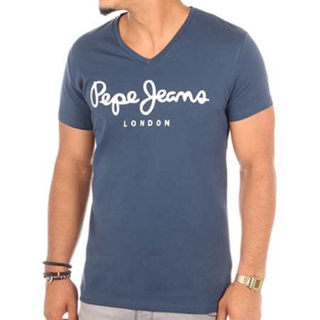 Pepe Jeans - Tee Shirt Original Stretch V Bleu Marine