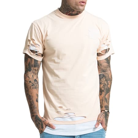 SikSilk - Tee Shirt Pastel Double Layered Ripped Rose Pale