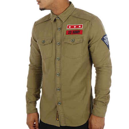 Superdry - Chemise Manches Longues Patchs Brodés SD Army Corps Vert Kaki
