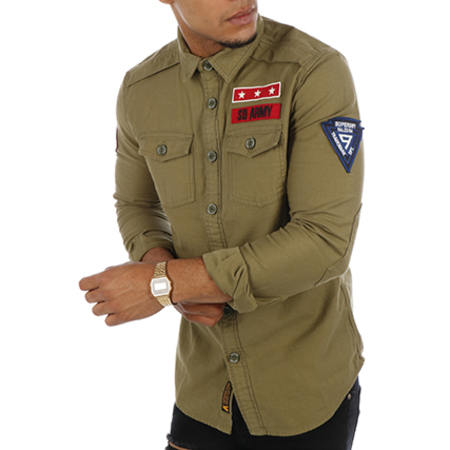 Superdry - Chemise Manches Longues Patchs Brodés SD Army Corps Vert Kaki