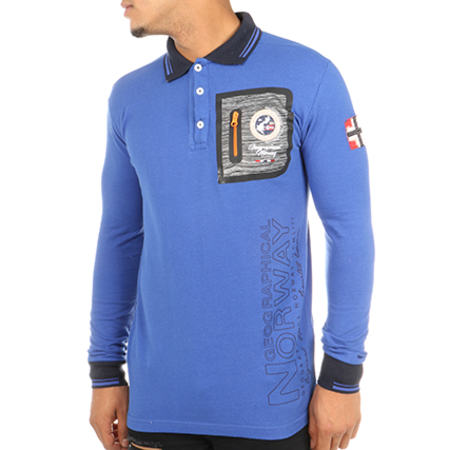 Geographical Norway - Polo Manches Longues Patchs Brodés Kitor Bleu Roi