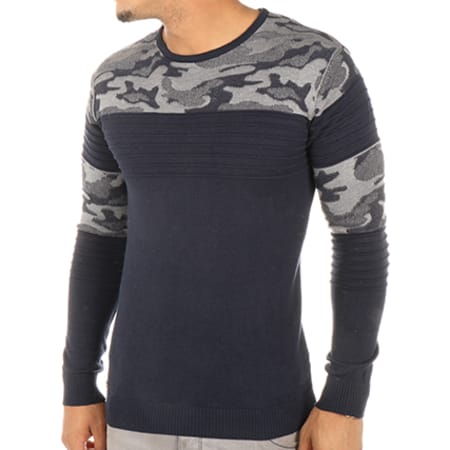 Paname Brothers - Pull Passy Bleu Marine Gris Camouflage