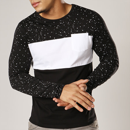 LBO - Tee Shirt Manches Longues Tricolore Avec Poche 336 Noir Blanc Speckle