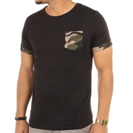 LBO - Tee Shirt Avec Poche Et Revers Camouflage Militaire 291 Noir
